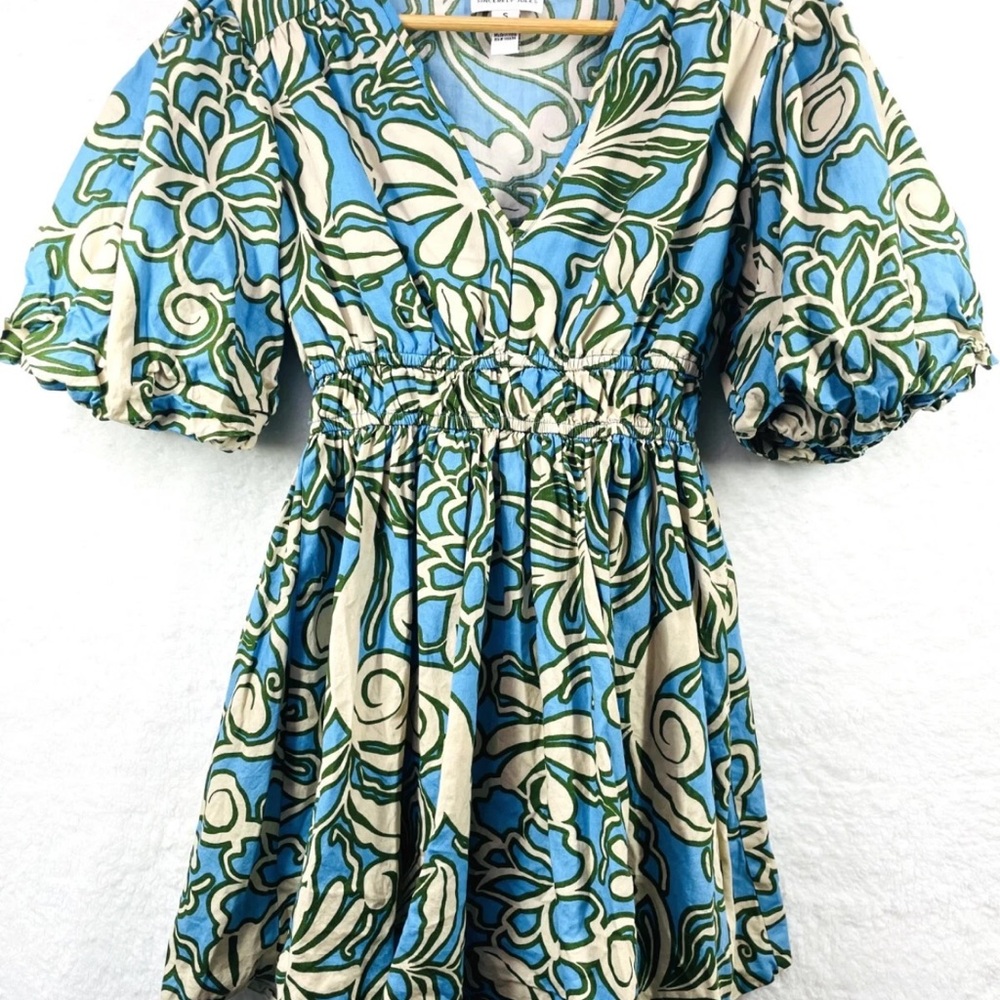 Floral Puff Sleeve Dress in Blue and Green